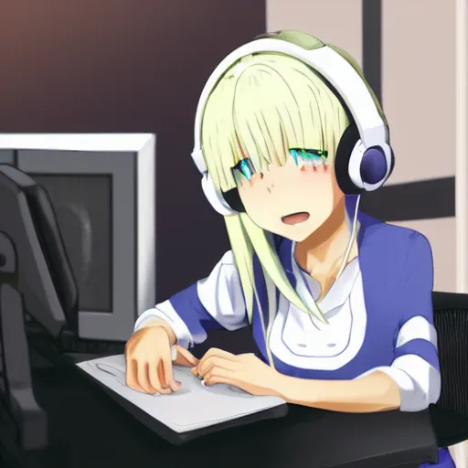 Image similar to anime girl with white hair and blue eyes, wearing cat ear headphones, sitting at desk at keyboard, programming, pixiv, anime