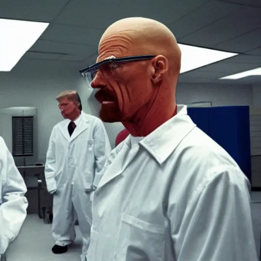 Image similar to donald trump meeting walter white in a laboratory