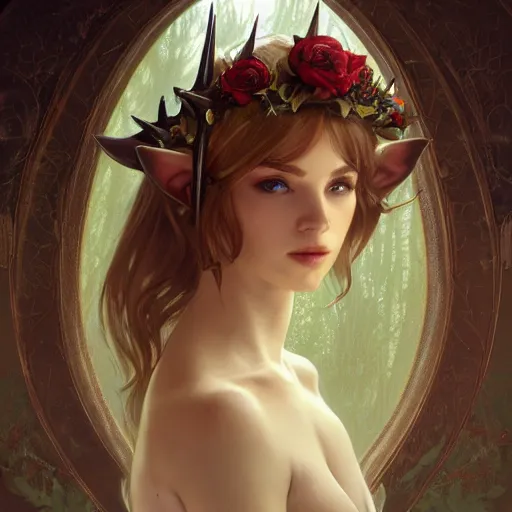 Prompt: portrait of gorgeous elf, rose crown, thorn background, smaller ears headshot, pale skin, 4k, rule of thirds, extreme detail, detailed drawing, trending artstation, hd, fantasy, D&D, realistic lighting, by Alphonse Mucha, Greg Rutkowski, sharp focus, backlit, bright white hair, elegant