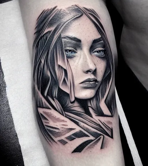 Image similar to tattoo design sketch of a beautiful blue - eyed woman face with a faded background of beautiful mountains and nature on her side, hyper - realistic, in the style of den yakovlev, amazing detail, black and white
