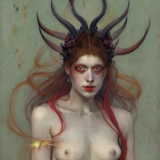 Image similar to a masterpiece full body portrait a beautiful Beatrice as a demoness in Dante\'s inferno, beautiful face, flawless skin, flames and smoke in background, by Edgar Maxence and Ross Tran and Michael Whelan