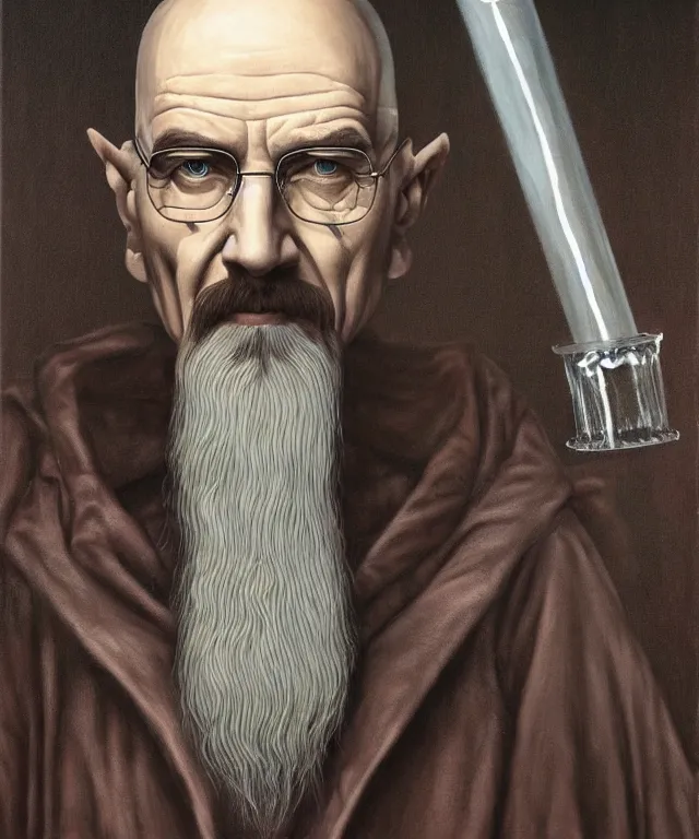 Prompt: portrait of Saruman as Walter White in Breaking Bad, lowbrow painting by Mark Ryden