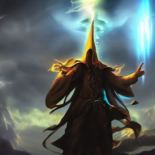 Image similar to A wizard harvesting arcane energy, epic, cinematic lighting.