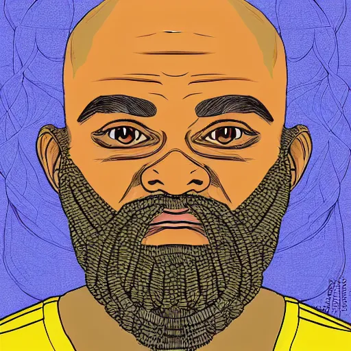 Prompt: close up headshot of a bald man with a wide face small beady eyes and a beard made out of braids, braided beard, drawing by Jeffrey Smith