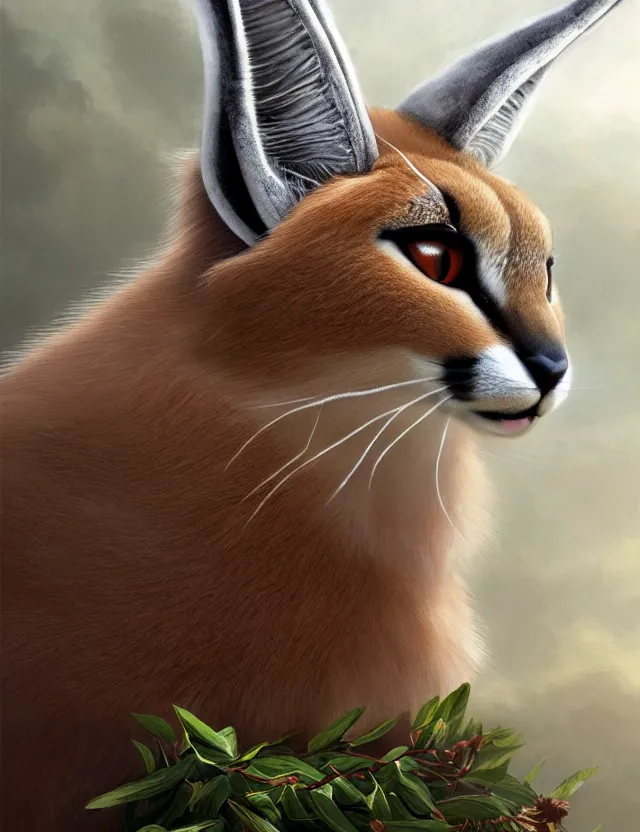 Prompt: cute fluffy caracal in a ancient greek city, wearing laurel wreath as hat chaplet on head | | cute, key visual, realistic shaded perfect face, fine details by stanley artgerm lau, wlop, rossdraws, james jean, andrei riabovitchev, marc simonetti, and sakimichan, trending on artstation