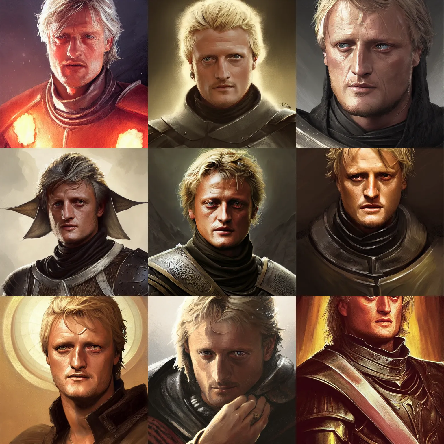Prompt: medieval knight, young rutger hauer, headshot, D&D, painted fantasy character portrait, highly detailed, digital painting, artstation, concept art, sharp focus, illustration, art by artgerm and greg rutkowski and alphonse mucha