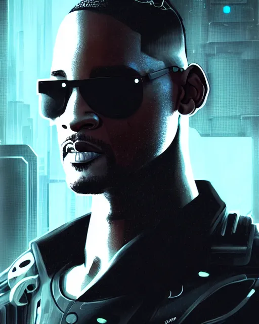 Prompt: a full length portrait of cyberpunk will smith, grim - lighting, high - contrast, intricate, elegant, highly detailed, digital painting, artstation, concept art, smooth, sharp focus, illustration