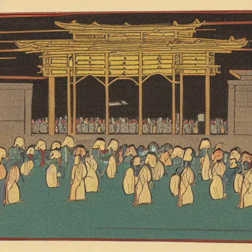 Image similar to late meiji period, colored woodblock print, muslim pilgrims circling the kaaba