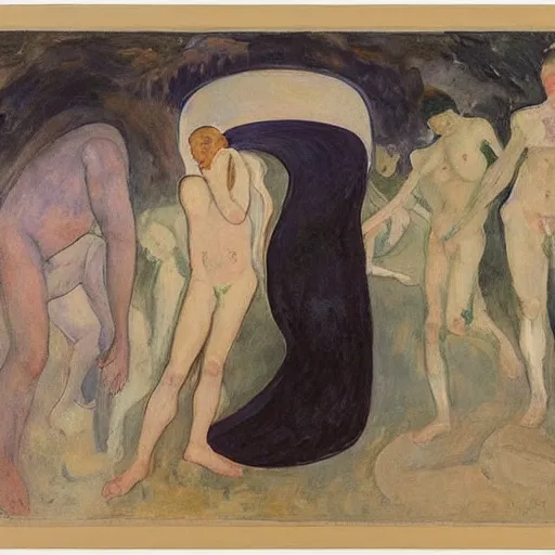 Prompt: deep depth of field, neo - classical by ferdinand hodler, by marie laurencin weary. in the center of the print is a large gateway that seems to lead into abyss of darkness. on either side of the gateway are two figures, one a demon - like creature, the other a skeletal figure.