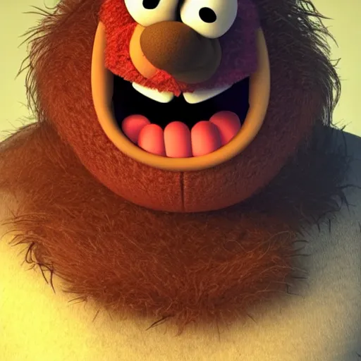 Image similar to a still of a forgotten muppet character looking very manly and modern, hilarious, laughing, hairy chest, huge chin, manly monster tough guy, roughled fur, photo real, photographic, photograph, artstation, trending, featured