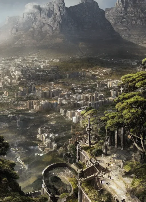 Image similar to chtulu attacking cape town city, table mountain, dense foliage beautiful details, strong composition by kim jung giu weta studio rutkowski, james gurney and greg rutkowski, and lucasfilm