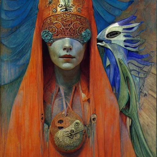 Image similar to the robot queen with her bird mask, by annie swynnerton and diego rivera and elihu vedder, symbolist, dramatic lighting, elaborate geometric ornament, art brut, soft cool colors, smooth, sharp focus, extremely detailed, adolf wolfli and donato giancola