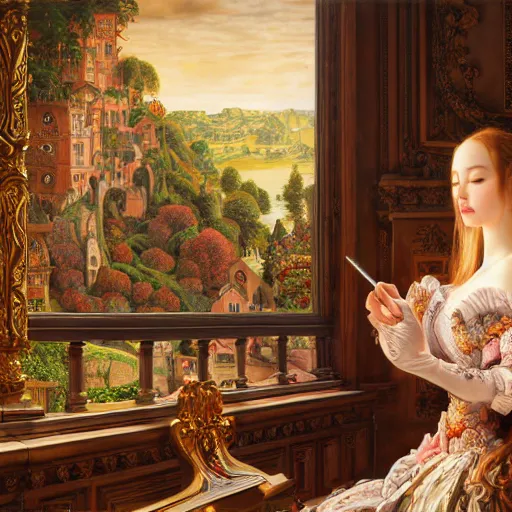 Prompt: a masterpiece ultradetailed art of a beautiful girl plaing computer baroque renaissance. medium shot, intricate, elegant, highly detailed, by stanley artgerm lau, wlop, rossdraws, james jean, andrei riabovitchev, marc simonetti, background by james jean and gustav klimt, light by julie bell, 4 k, porcelain skin.