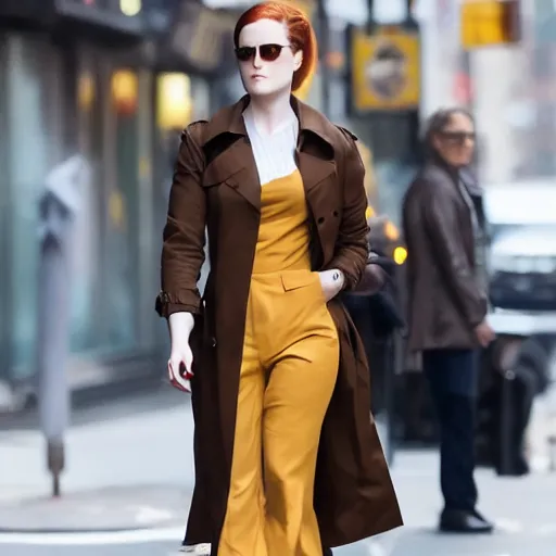 Image similar to 4 k award - winning still of evan rachel wood with long dark brown hair with bangs wearing a trench coat walking in new york city