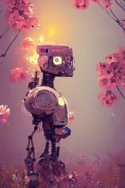 Prompt: a painting of a robot with flowers in front of it, a digital painting by Ismail Inceoglu, trending on Artstation, environmental art, made of flowers, reimagined by industrial light and magic, artstation hd