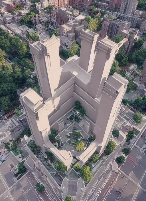 Image similar to isometric artdeco cathedral by frank lloyd wright, shot from drone isometric, painted by piet mondrian