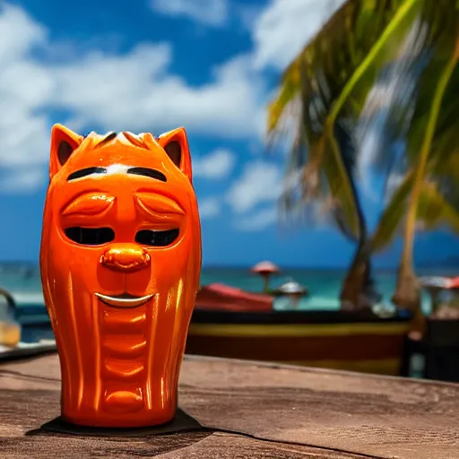 Image similar to a closeup photorealistic photograph of a glossy orange cat garfield style tiki mug sitting at a trader vic's beach bar featuring garfield's face. tiki theme. bright scene. fine detail. this 4 k hd image is trending on artstation, featured on behance, well - rendered, extra crisp, features intricate detail, epic composition and the style of unreal engine.