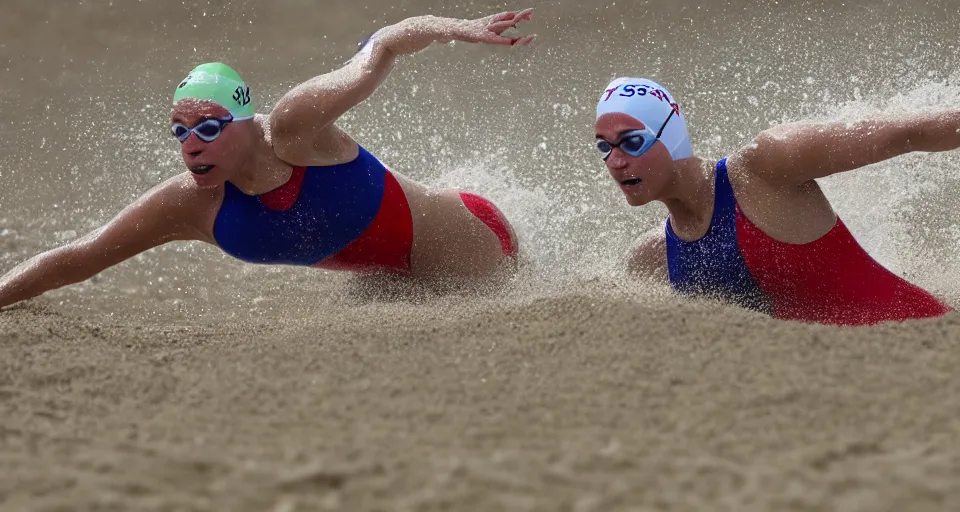 Image similar to olympic swimming in sand instead of water, extremely coherent, motion blur