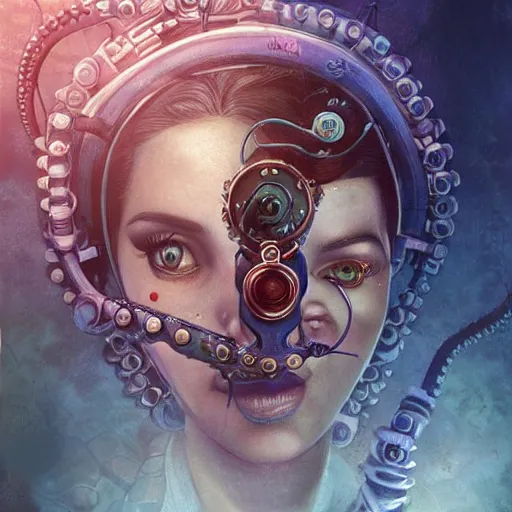 Image similar to lofi underwater bioshock steampunk portrait of scarlett johansson, octopus, digital art, Pixar style, by Tristan Eaton Stanley Artgerm and Tom Bagshaw.