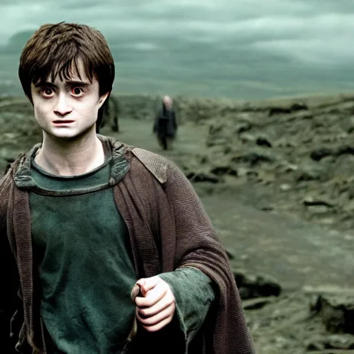 Image similar to daniel radcliffe as harry potter walking, in mordor from lord of the rings