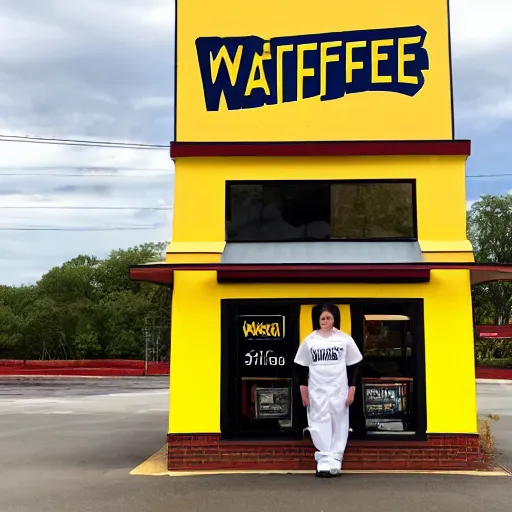 Image similar to wafflehouse employee's standing below wafflehouse sign