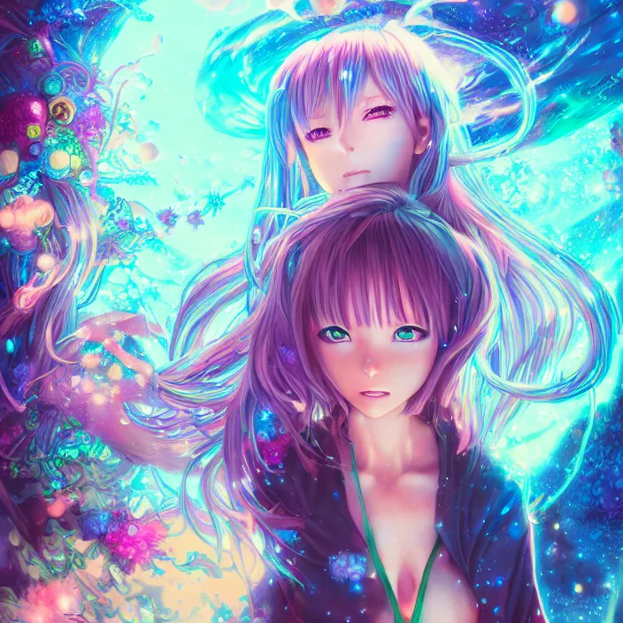 Prompt: ultra detailed illustration of a anime girl covered in liquid chrome, lost in a dreamy fairy multiverse by ross tran, Andrew Thomas Huang, dan mumford, Druillet, colorful, front view, vivid colors, 8k, coherent, artgerm, anime vibes, octane render, uplifting, magical composition, artstation