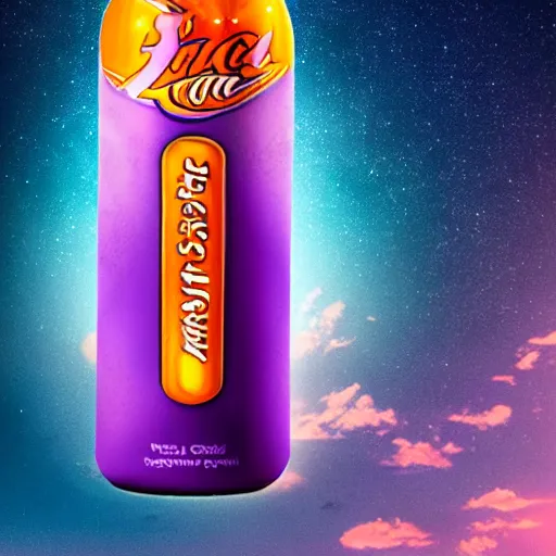 Image similar to sinbad stuck in a fanta bottle abandoned in desert with purple sky