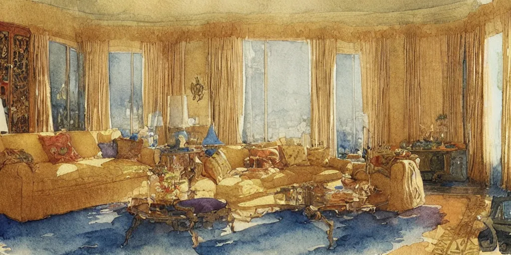 Prompt: a hiper intricate watercolor of a beauty modern living room, reflexions, intricate details, ultramarin and goldenocre harmony palette smooth, by william turner art, by greg rutowski by edmund dulac, by carl larson