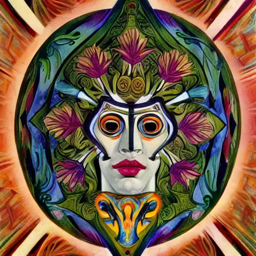 Image similar to a masterpiece painting of a facemask made of stylized flowers, by evelyn de morgan and diego rivera and john watkiss and annie swynnerton, art deco shaman, art brut, symbolist, dramatic cinematic lighting, god rays, iridescent beetles, clean crisp graphics, smooth sharp focus, extremely detailed