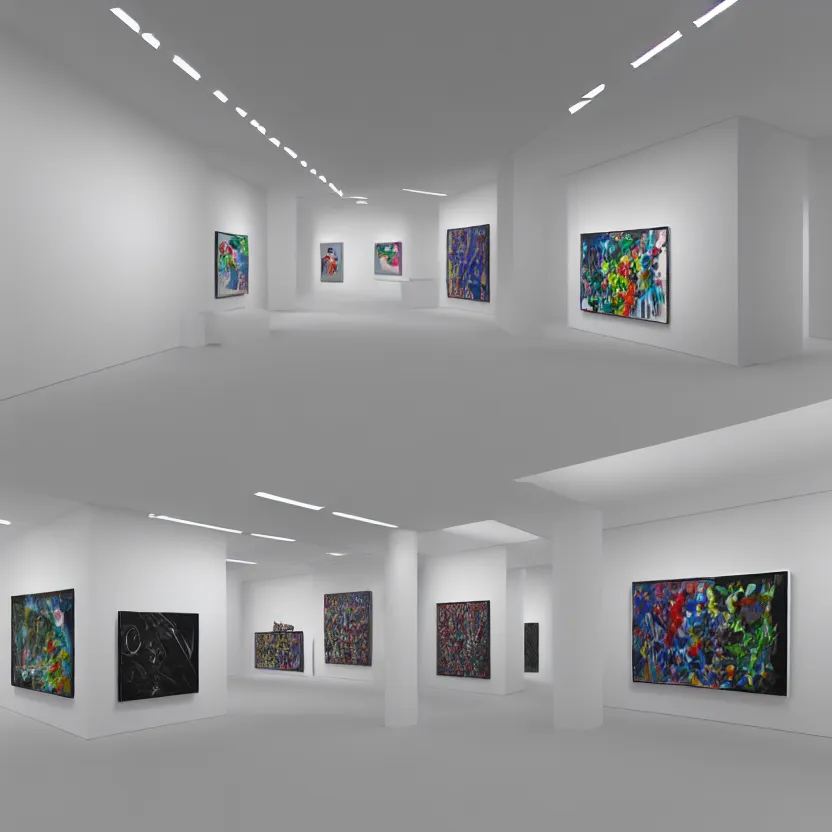 Image similar to 3 d model of an hyper modern art gallery with white walls, hyper detailed, soft light, 4 k