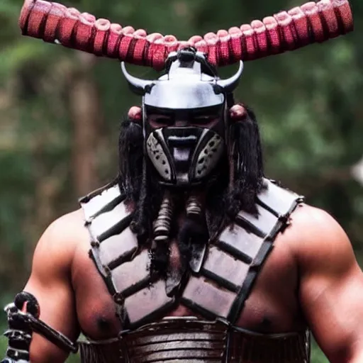 Prompt: big buff very strong very buff samurai wearing a cybernetic oni mask, movie still