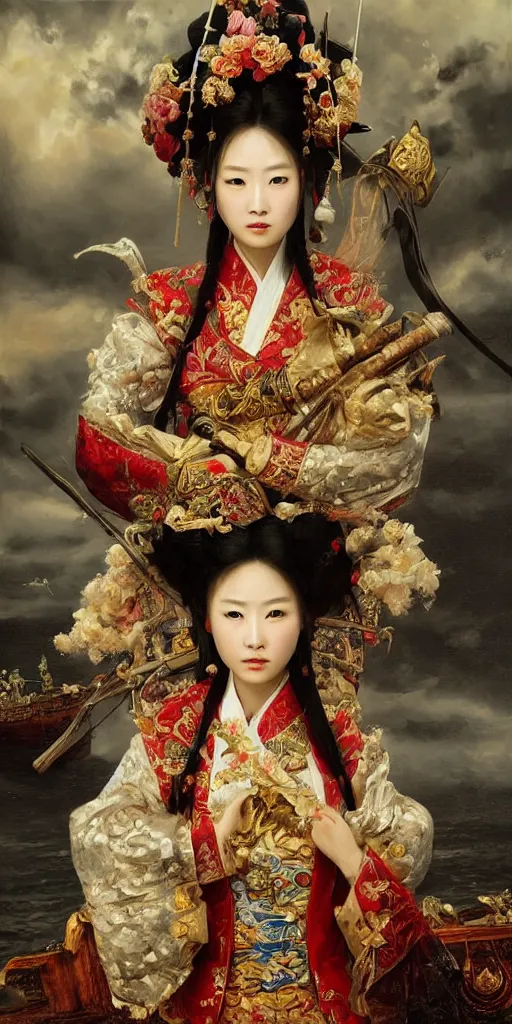 Prompt: Highly detailed and cinematic romantic period oil painting of the Chinese pirate queen Zheng Yi Sao, strong atmosphere, oil painting masterpiece by Josep Tapiró Baró, symmetry, fractals