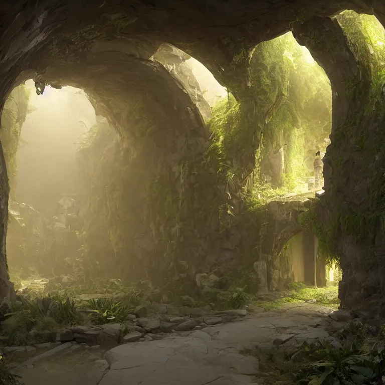 Image similar to arc hallway for secret overwatch habitation quarters carved inside a cave surrounding a lush garden, trimmed, sheltered, magical, natural light, clean lines, cozy, fantasy, minimalist architecture, sharp focus, concept art, by greg rutkowski and craig mullins,, octane render 8 k