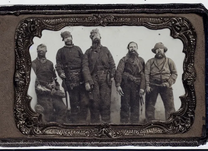 Image similar to tintype photo of a group of hunters posing with a giant dead sasquatch ape beast