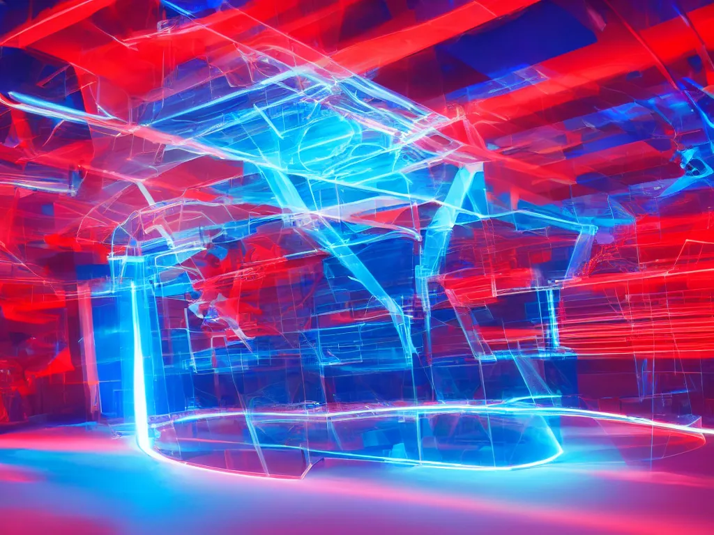 Image similar to visor with curved translucent screens projecting bright red and blue, pixel perfect photograph, high contrast, volumetric lighting, thin glowing lights, chair, users, pair of keys