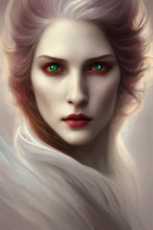 Prompt: portrait of white ghost, dark fantasy, gradient white red grey, dreamy and ethereal, green eyes, golden ratio, peaceful expression, lace, fantasy, intricate, elegant, stormy sky, highly detailed, digital painting, artstation, concept art, smooth, b sharp focus, illustration, art by artgerm and greg rutkowski and alphonse mucha