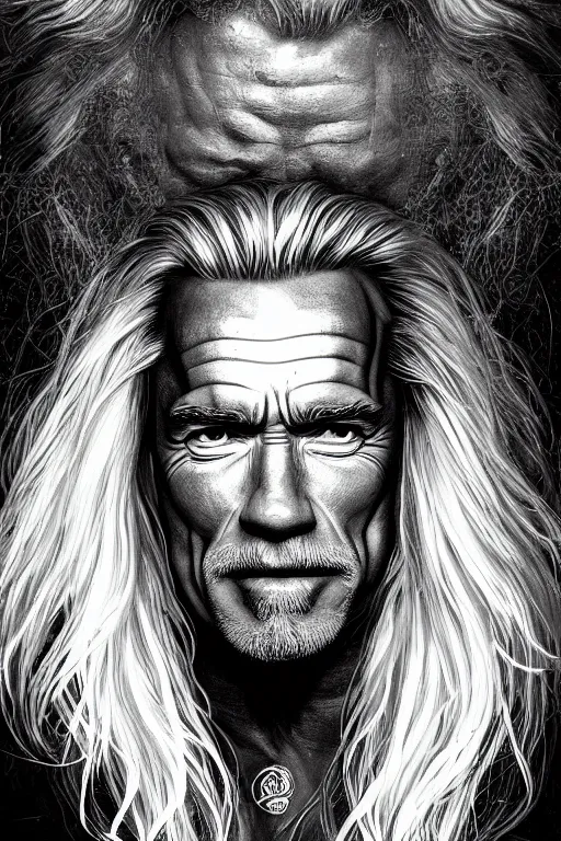 Image similar to Portrait of arnold Schwarzenegger with long white hair, elegant, photorealistic, highly detailed, artstation, smooth, sharp focus, celtic rune ornaments, neon lighting, sci-fi, art by Klimt