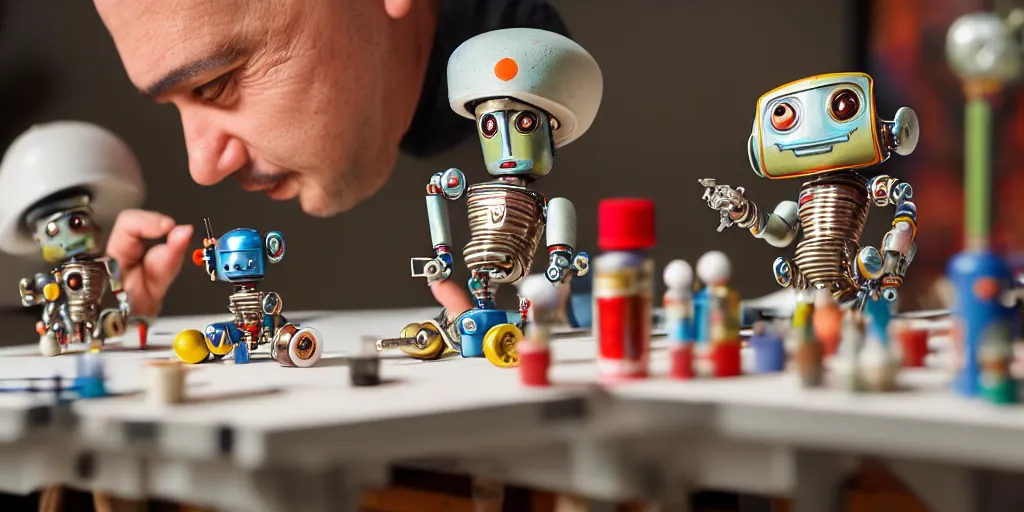 Image similar to closeup portrait of tin toy retro robots painters mixing gouache on white paper table in an artist workshop, depth of field, zeiss lens, detailed, centered, fashion photoshoot, by nicoletta ceccoli, mark ryden, lostfish, breathtaking, 8 k resolution, extremely detailed, beautiful, establishing shot, artistic, hyperrealistic, octane render