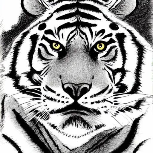 Prompt: [ tiger with mustache ] ( by kim jung gi ) ( by george morikawa ) ( by kentaro miura ) ( by eiichiro oda )