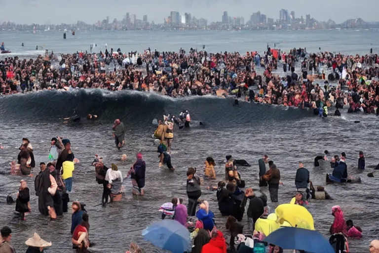 Image similar to millions of people watching an tsunami in new york