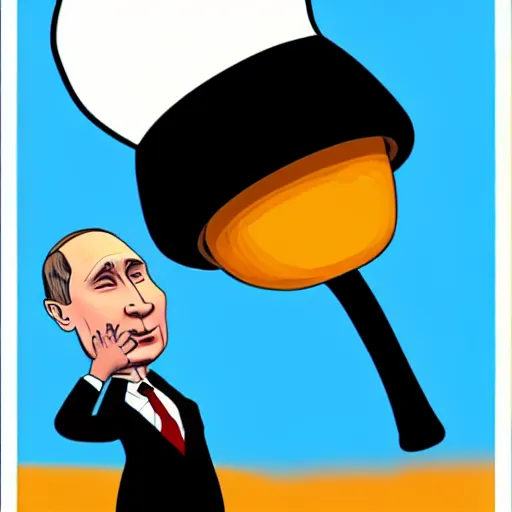 Prompt: vladimir putin with a nuclear mushroom cloud for a hat, cartoonish, in the style of genndy tartakovsky