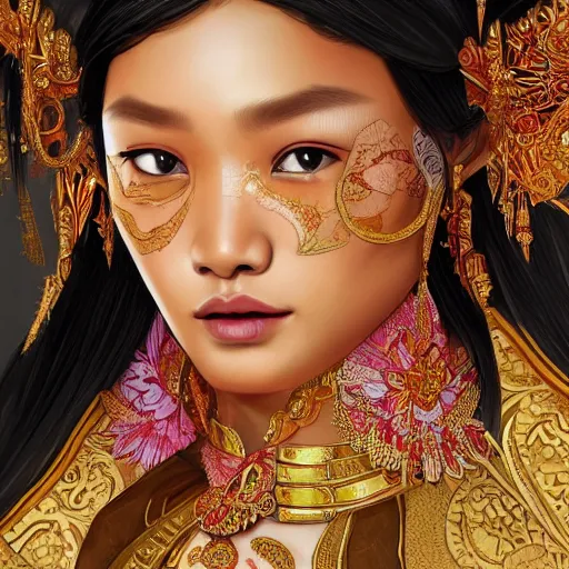 Image similar to portrait of an indonesian supermodels wearing traditional costume, highly detailed, digital painting, artstation, concept art, sharp focus, illustration, art by kittichai rueangchaichan and james gurney and alphonse mucha