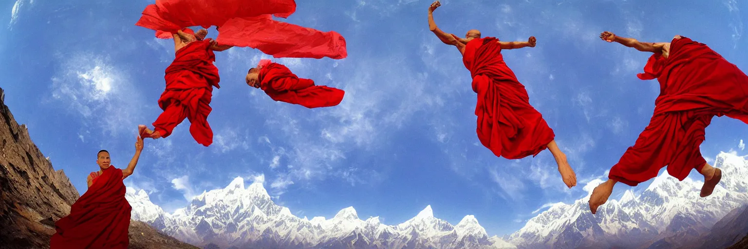 Prompt: a fisheye lens shot on full - frame camera of tibetan monk flying over himalaya mountains lake in weightlessness in traditional red cloth. a lot of flying red fabric around, sky and cloth fabric reflected in blue lake water. illustration by craig mullins, yoji shinkawa, trending on artstation, peter mohrbacher, hyper detailed, intricate, elite, ornate,