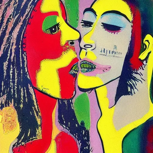 Image similar to beautiful painting of two bizarre psychedelic women kissing each other closeup in japan 1 9 7 0, speculative evolution, mixed media collage by basquiat and alex grey, magazine collage art, sapphic art, lesbian art