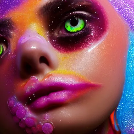 Prompt: Portrait of beautiful girl with luscious full pouty lips, huggy wuggy from poppy playtime video game, neon face paint, glitter, fruit, delicious, button nose, adorable, striking eyes, fullbody, ultra high detailed, oil painting, Greg Rutkowski, Charlie Bowater, Yuumei, Yanjun Cheng, unreal 5, DAZ, hyperrealistic, octane render, RPG portrait, dynamic lighting, fantasy art, beautiful face