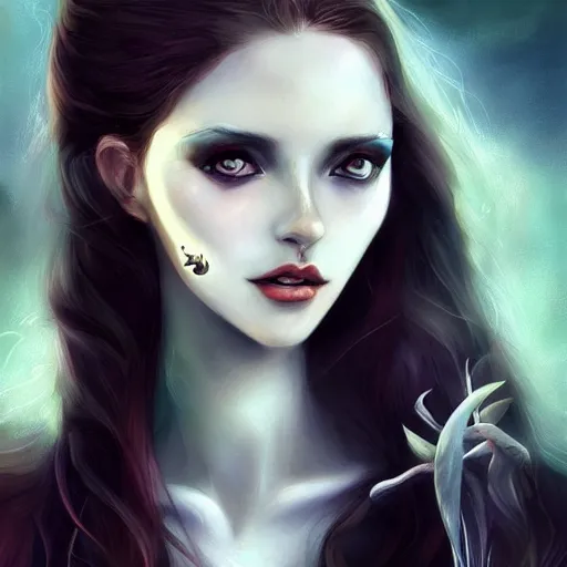 Prompt: A digital painting of a beautiful female vampire, art by Anna Dittmann, beautiful eyes, intricate, ethereal, dreamy, highly detailed, digital painting, Artstation, concept art, smooth, sharp focus, illustration,