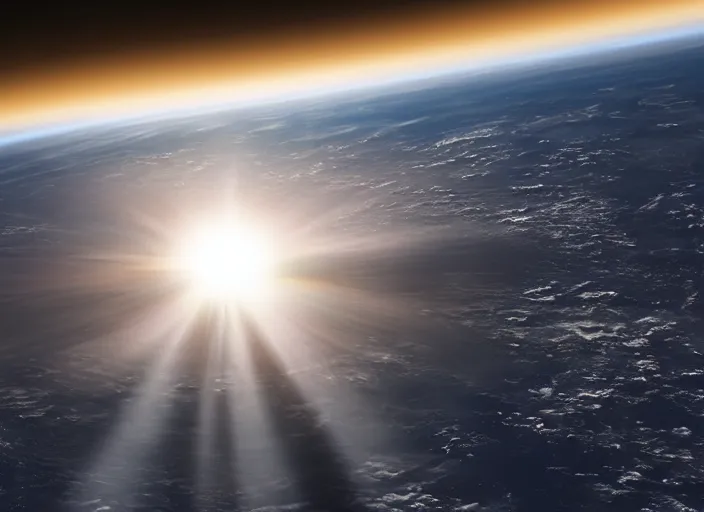 Image similar to nasa satellite still of a disk shaped earth with mountains peaking out of the clouds, sun behind it lens flares, 8 k