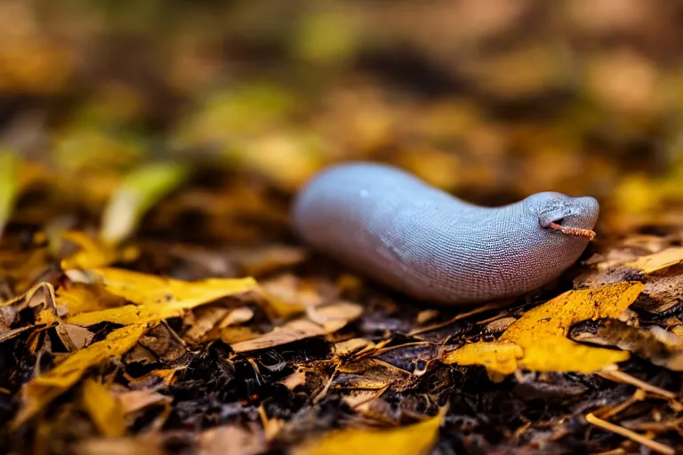 Image similar to a slug slithering on dead leaves in a forest, canon eos r 3, f / 1. 4, iso 2 0 0, 1 / 1 6 0 s, 8 k, raw, unedited, symmetrical balance, in - frame,