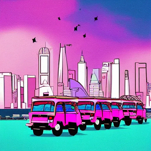 Prompt: a fleet of flying pink philippine jeepney above the skyline, digital art