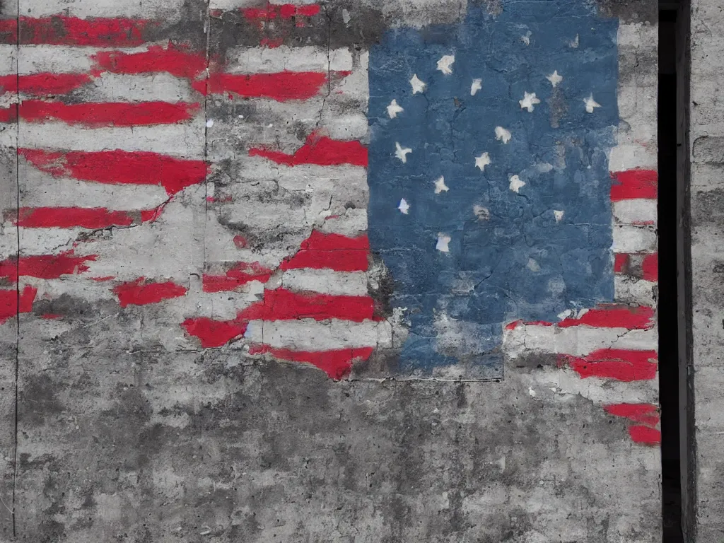 Image similar to an old cinder block wall on the side of a city building painted with a hyperrealistic american flag, cracked paint, aging